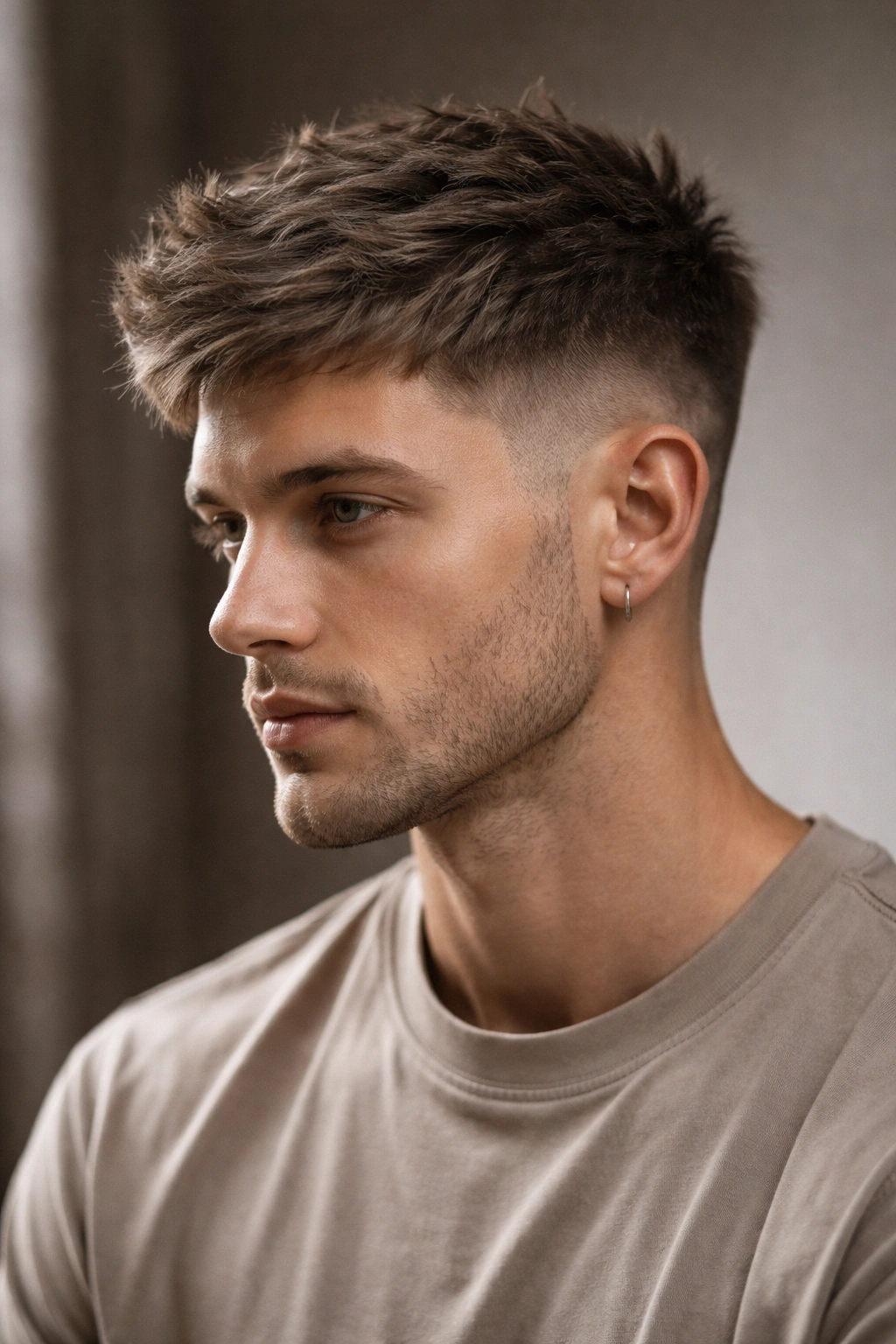 20 Really Short Haircuts Anyone Can Pull Off 6 Portrait of a person with a textured crop haircut showing short sides and longer textured top.