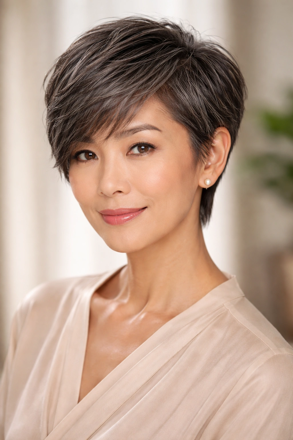 Asian woman over 50 with a textured crop and side sweep