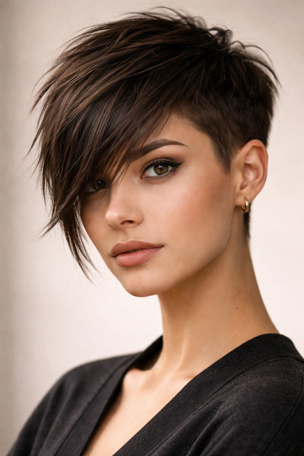 Close-up portrait of a textured crop with asymmetrical fringe