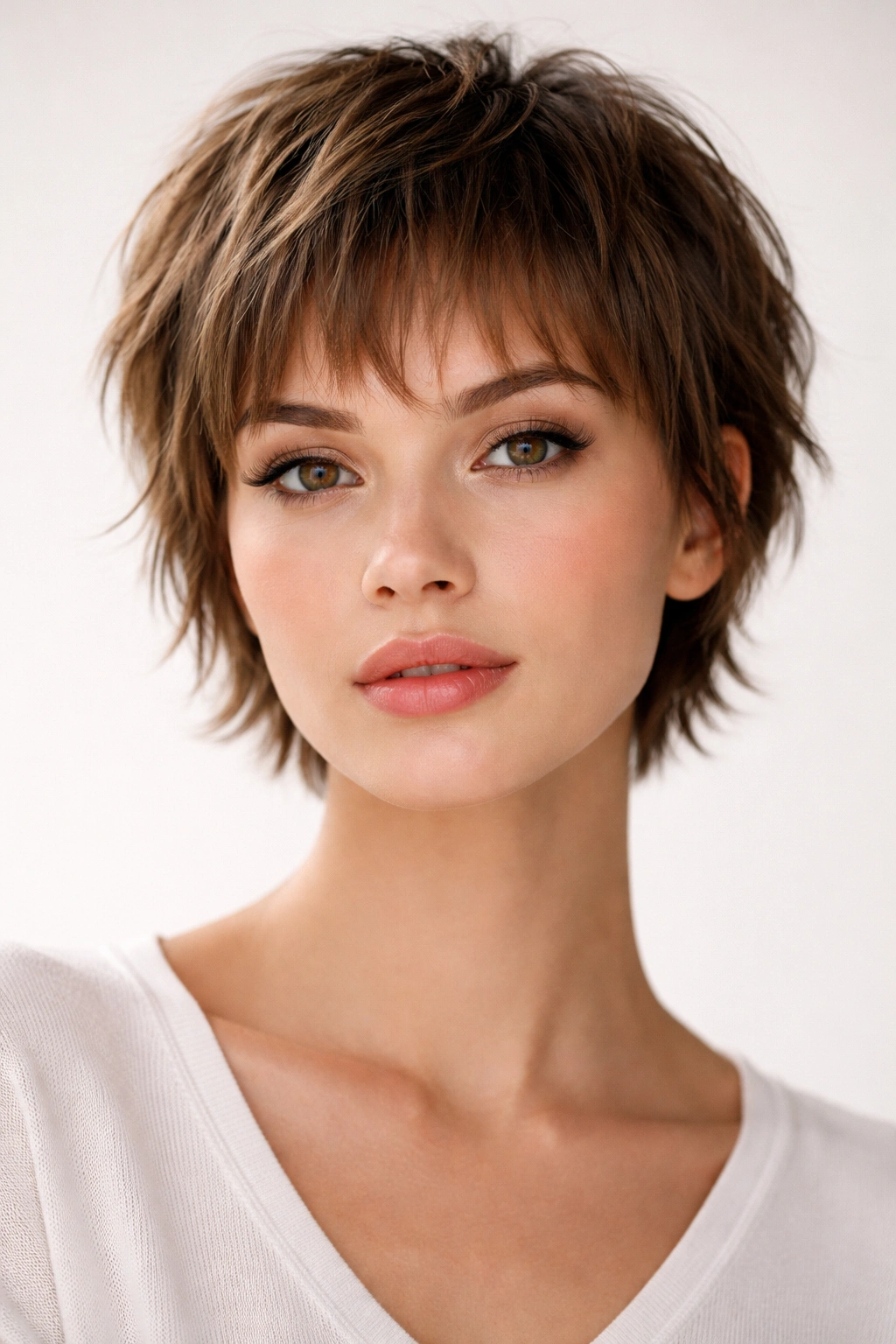 Textured crop with short wispy bangs highlighted on a head portrait