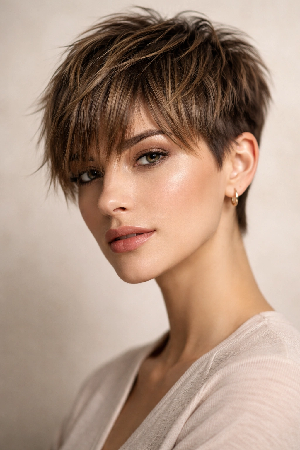 12 Short Choppy Haircuts With Natural Movement 8 Portrait of a person wearing a short textured crop with longer bangs