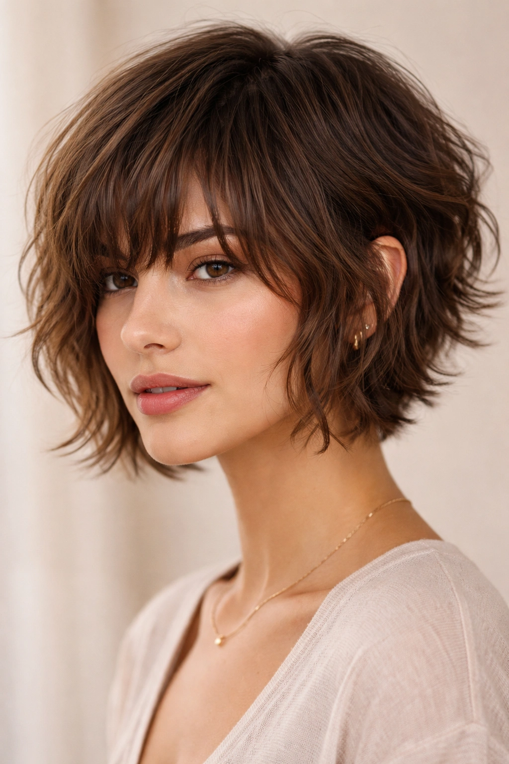 Short textured crop with long choppy bangs framing the face
