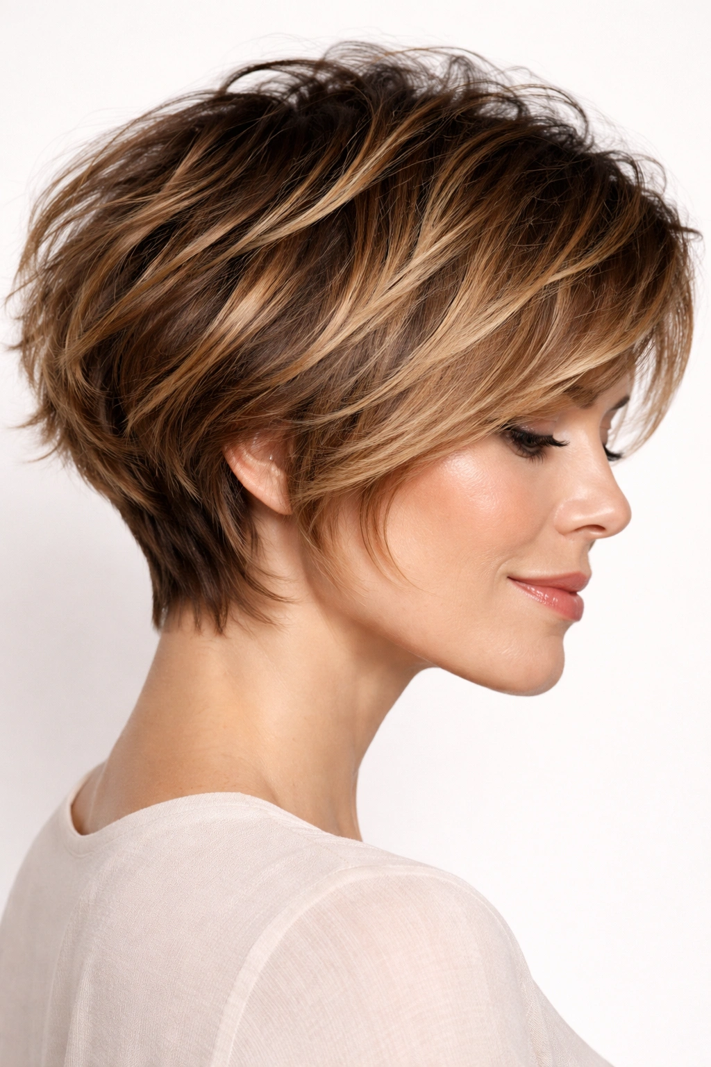 Textured crop with caramel balayage showing choppy layers and lift.