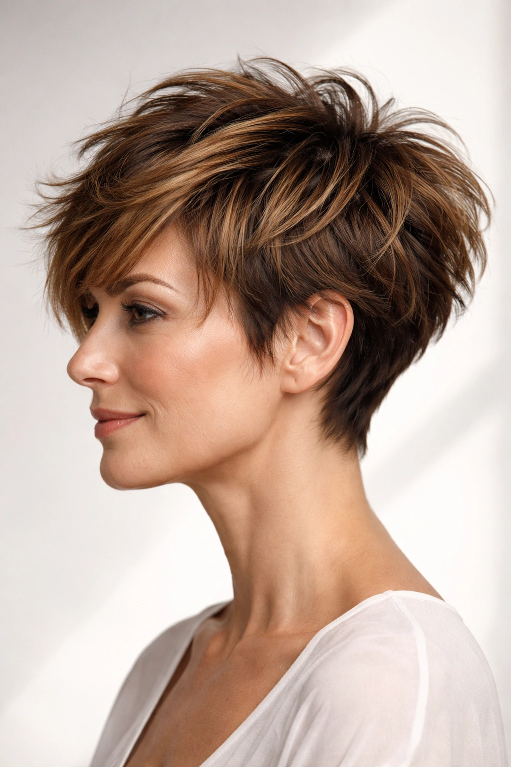 Short tousled textured crop with piecey layers and caramel balayage for volume.