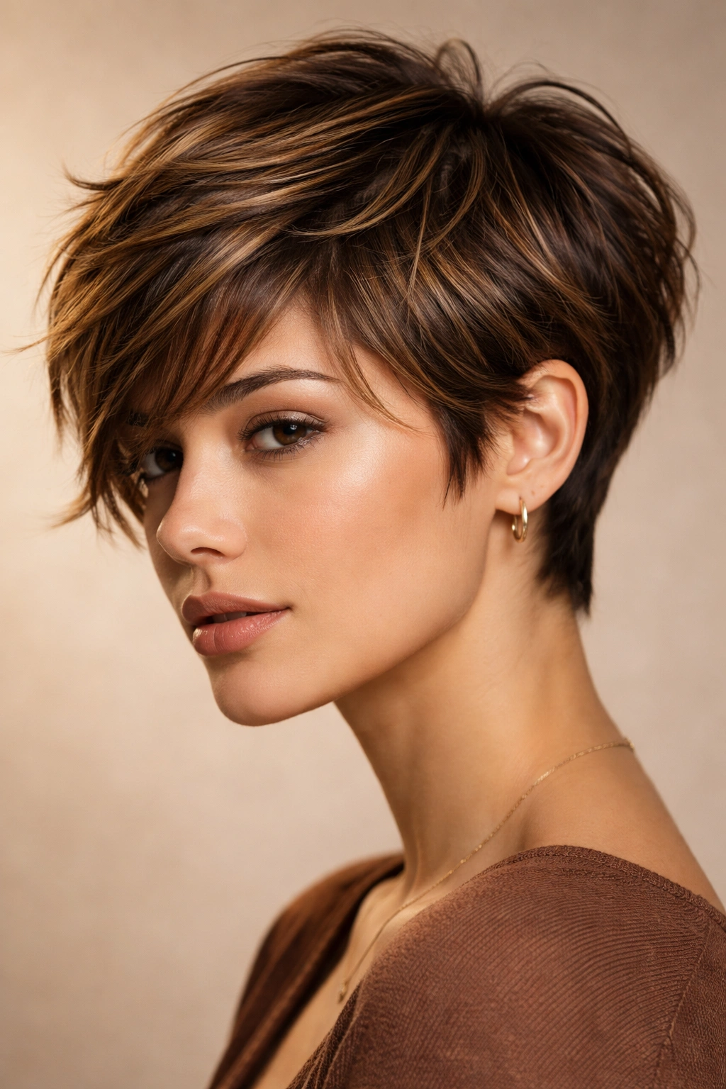 Textured crop hairstyle with warm caramel highlights in studio light