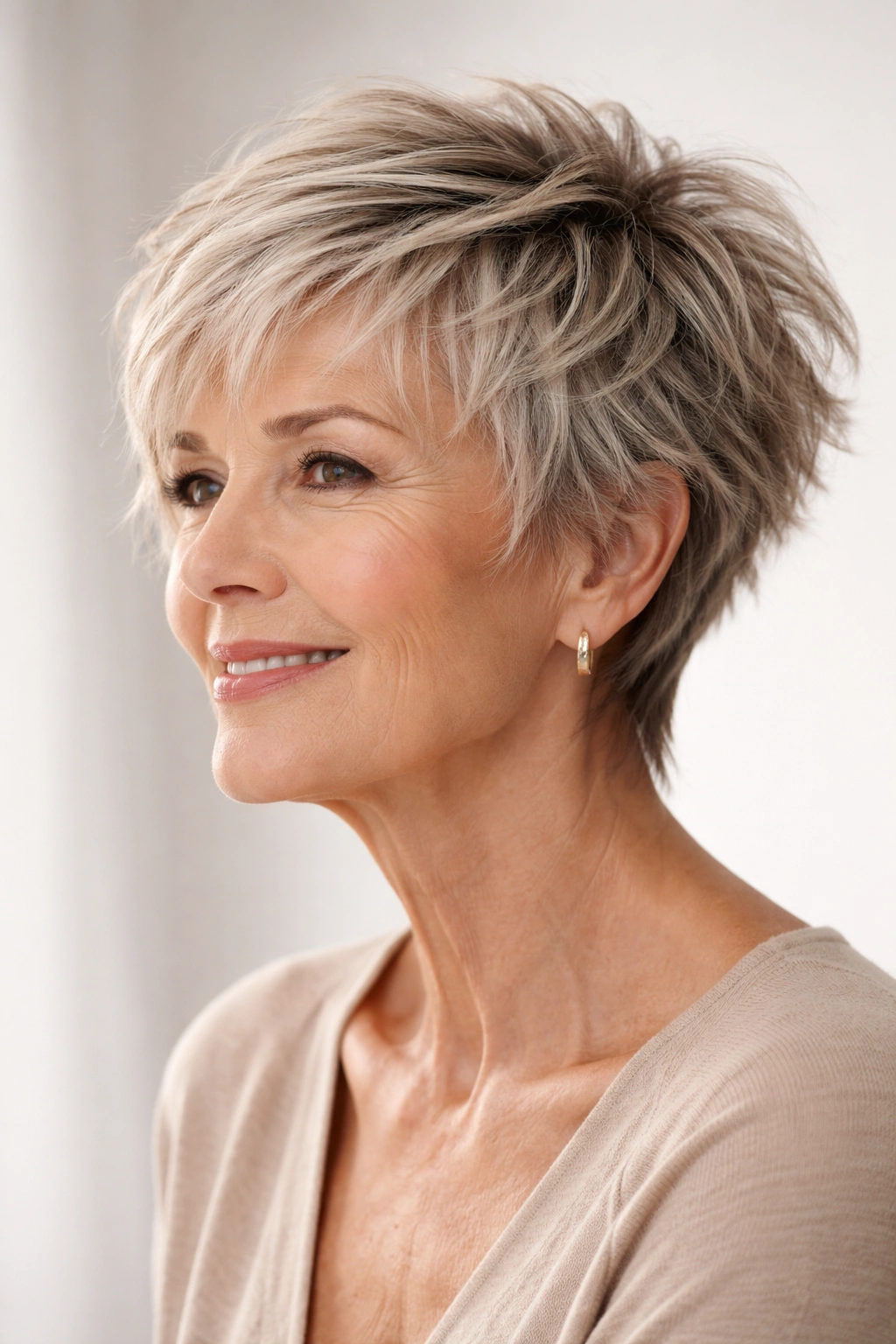 Short textured crop with choppy ends on a senior woman