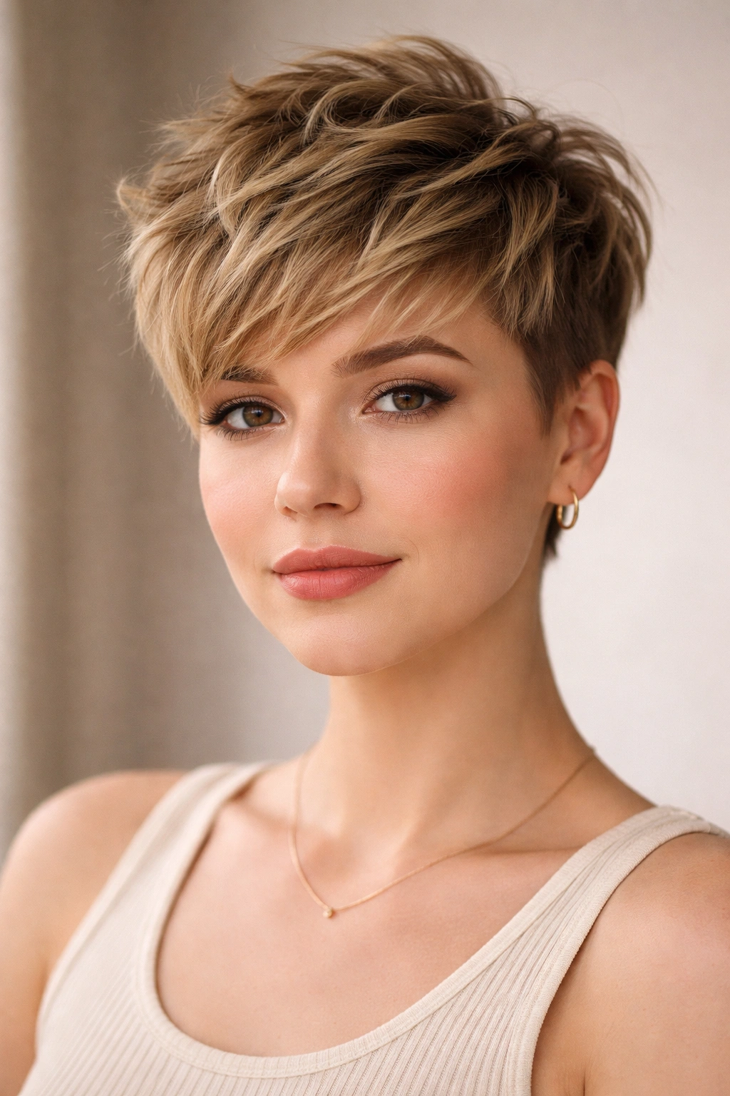 15 Pixie Styles Perfectly Suited To Round Faces 1 Close-up of a person with a textured crop featuring crown volume and choppy top layers, short sides.