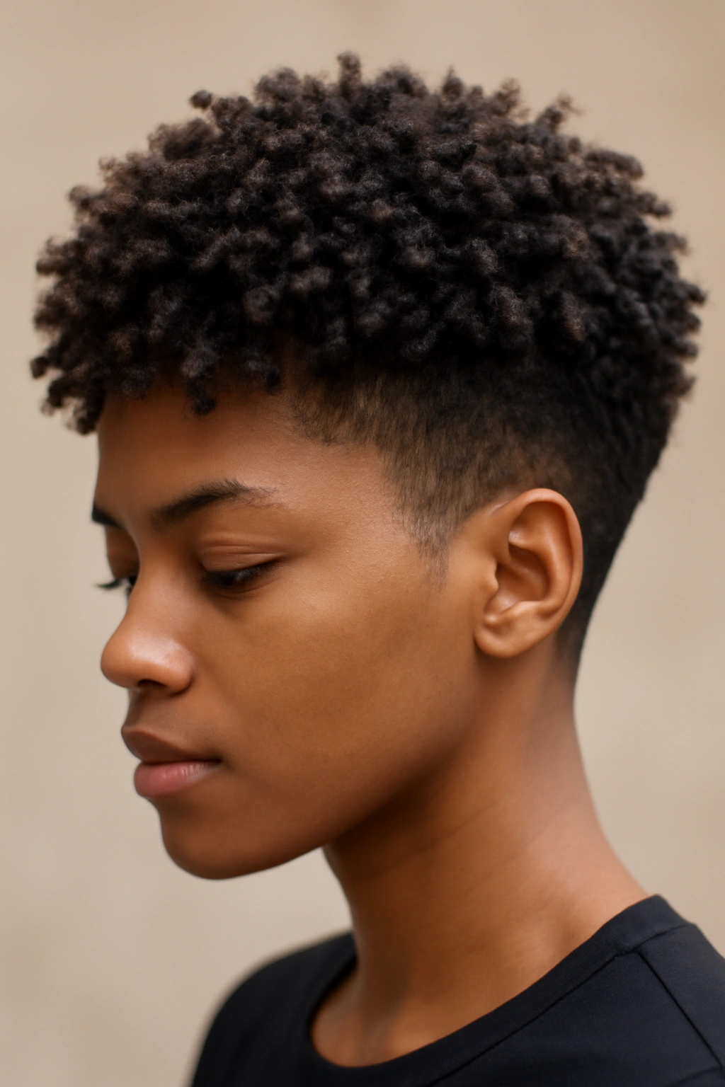 Short Natural Haircuts for Coily and Curly Textures 5 Close-up of textured crop with longer top curls and tapered sides