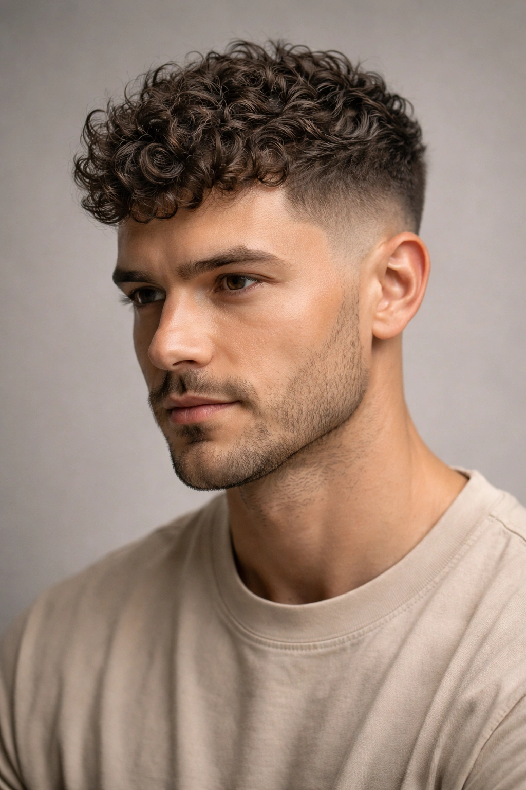 12 Haircuts For Men With Naturally Curly Hair 1 Close-up portrait of a man with a textured crop showing defined curls on top and short sides