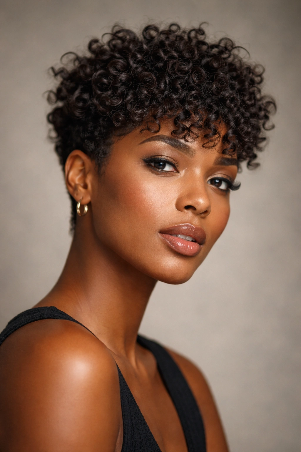 Portrait of a Black woman with a textured crop showing curl clusters and movement.