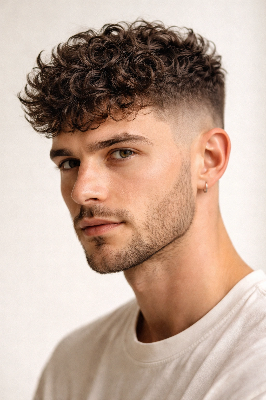 20 Short Curly Haircuts To Try Today 13 Close-up portrait of a person with a textured crop showing short sides and longer top curls.