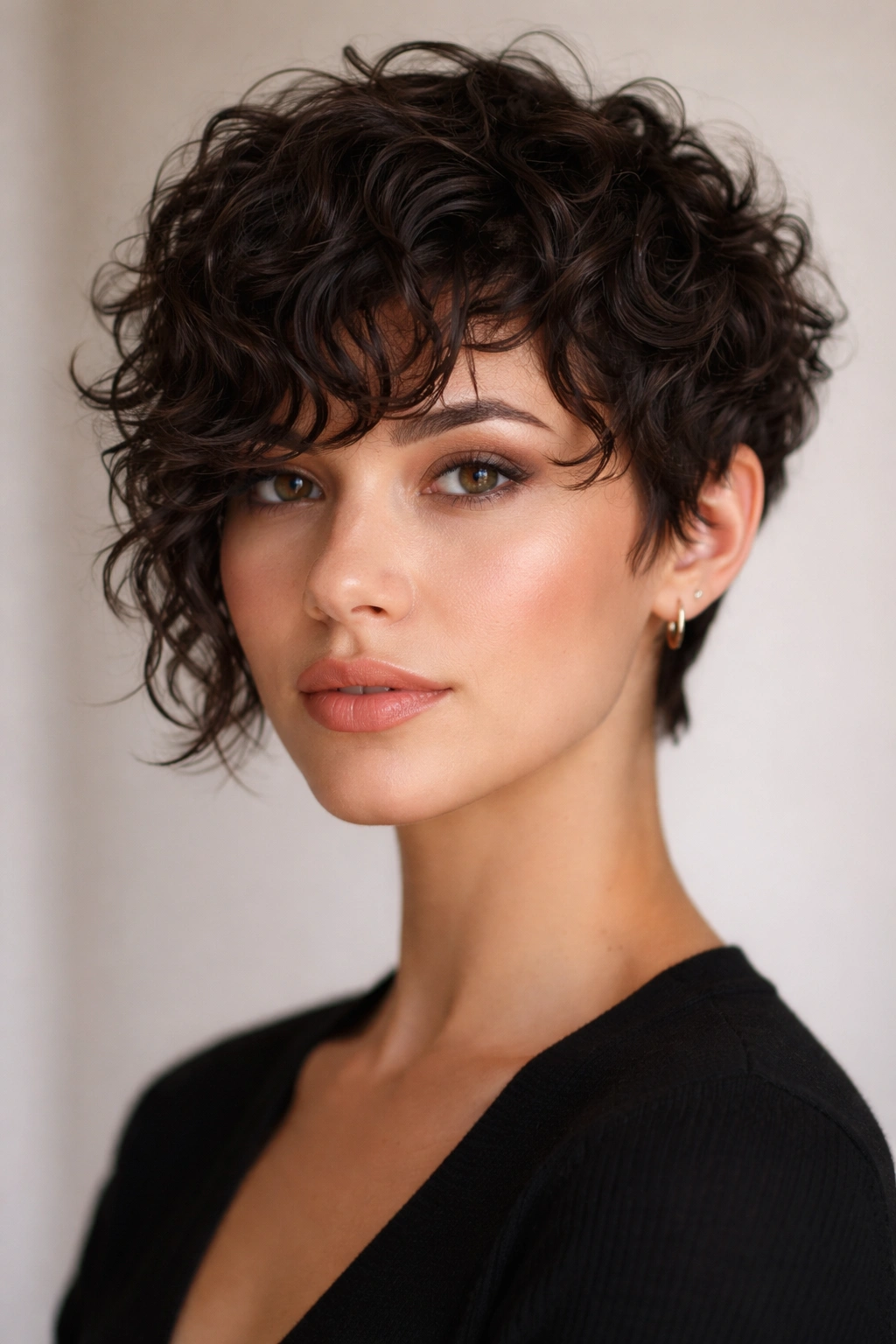 18 Short Layered Cuts Made For Curly Hair 7 Close-up of a curly-haired person with a textured crop and longer front pieces framing the jaw