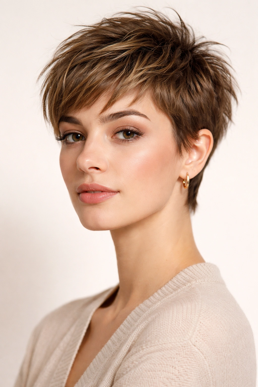 Close-up of a textured cropped haircut with choppy layers