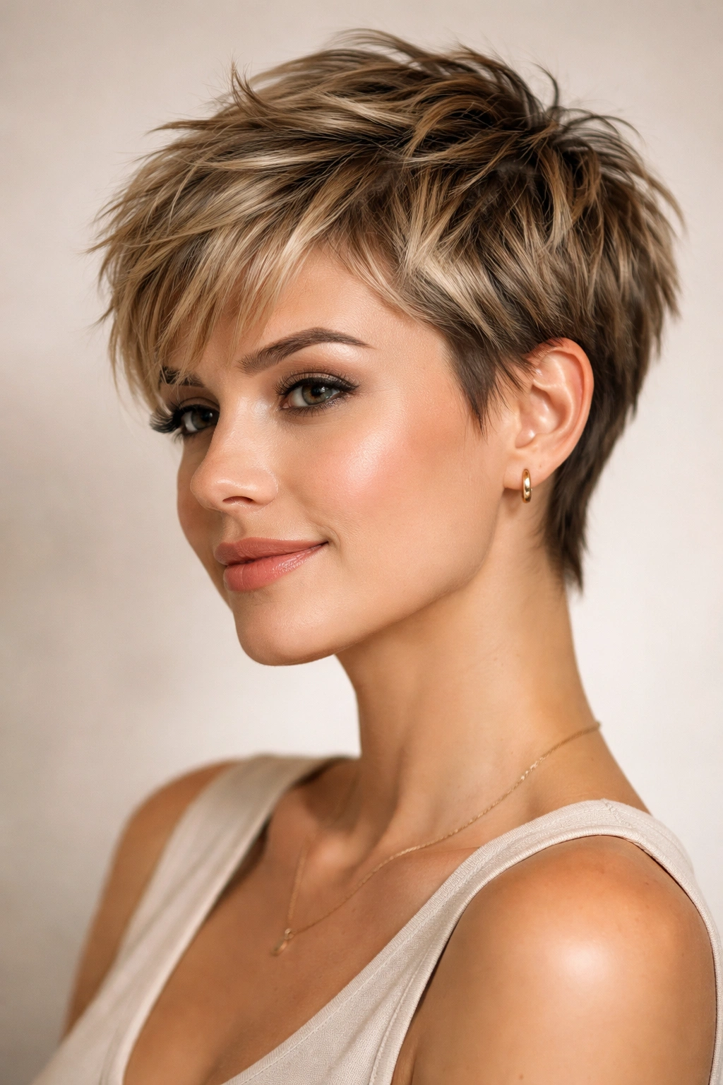 Close-up of a woman with a textured crop cut showing choppy layers and movement.