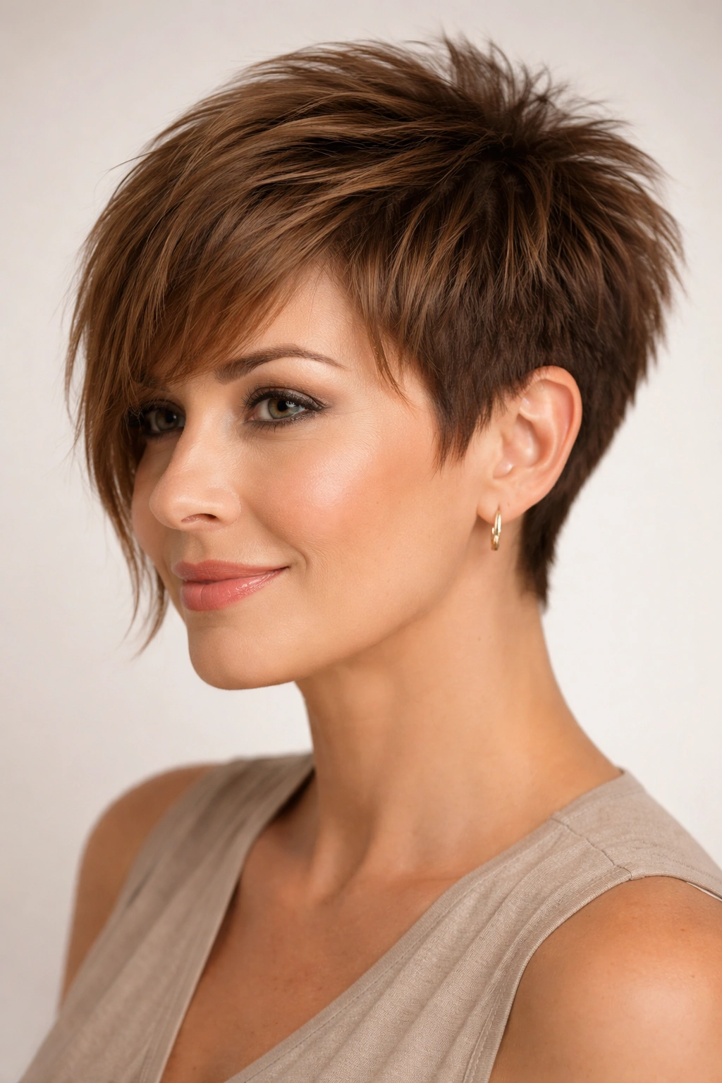 Close-up of a short textured crop with a disconnected longer front piece and a shorter back.