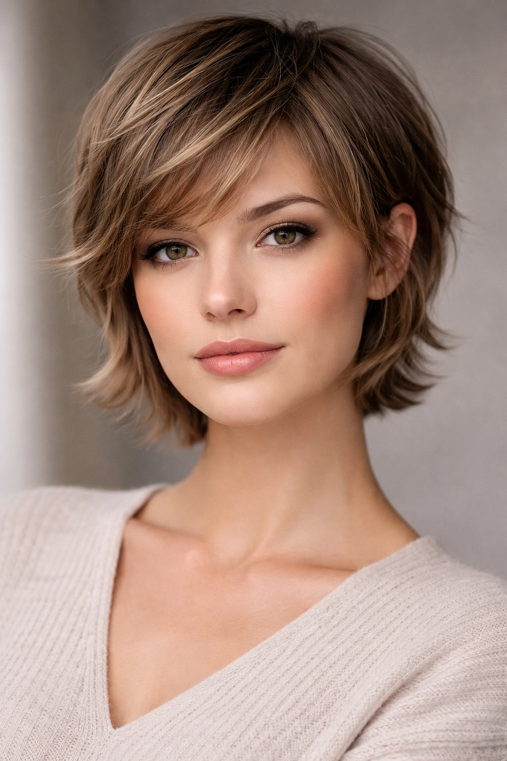 Textured Crop With Face-Framing Layers showing longer pieces around cheeks