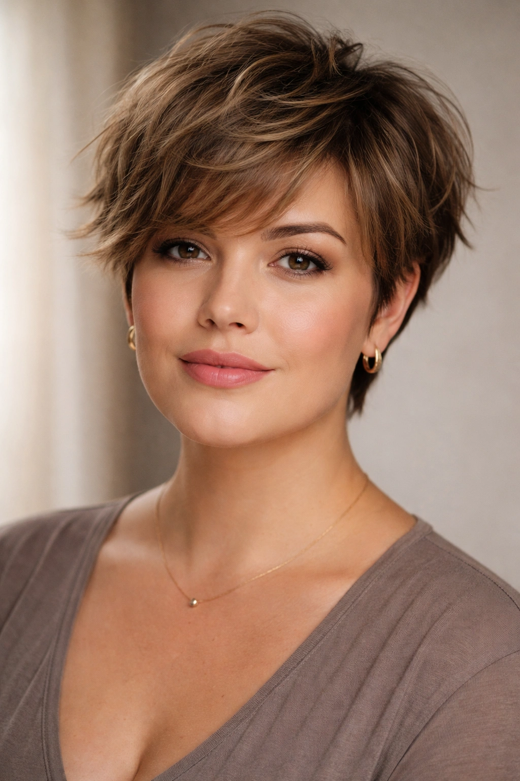 10 Short Haircuts That Minimize A Double Chin 7 Close-up portrait of a textured crop tailored to a unique face shape, emphasizing texture and shadow to minimize the chin