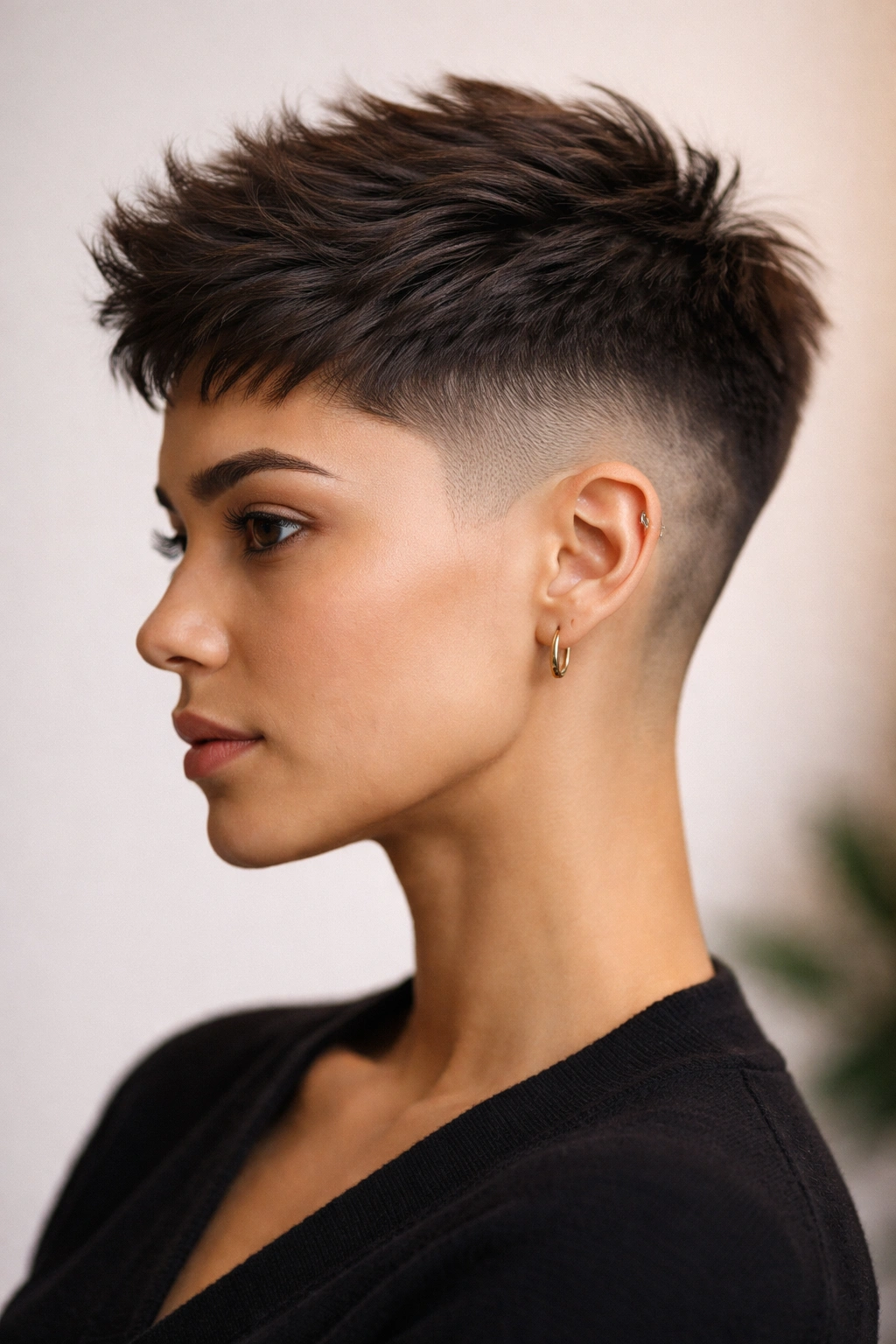 10 Short Taper Haircuts That Look Sharp On Women 5 Close-up of Textured Crop with Clean Fade showing choppy texture and precise fade