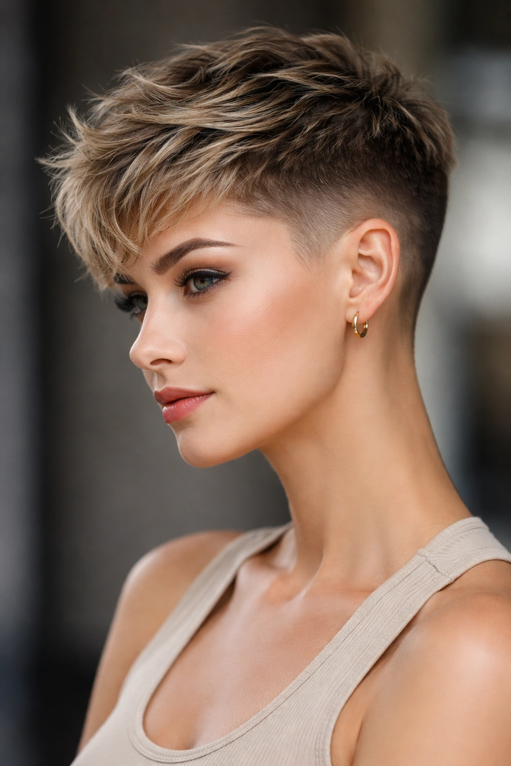 25 Short Haircuts Women Can T Stop Asking For 24 Portrait of a person with a textured crop and faded sides showing contrast.