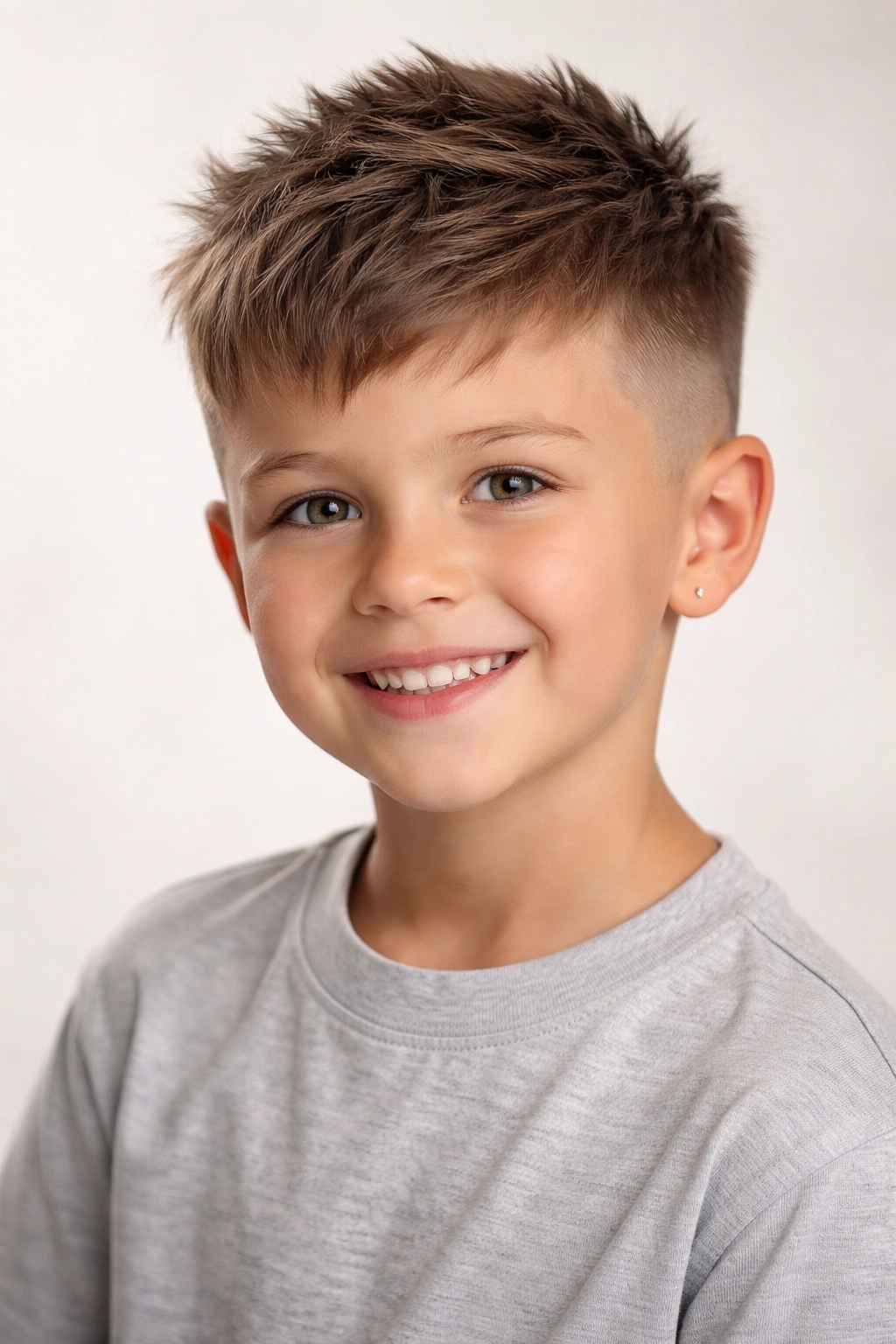 Boy with textured crop and fade hairstyle showing choppy top and short sides
