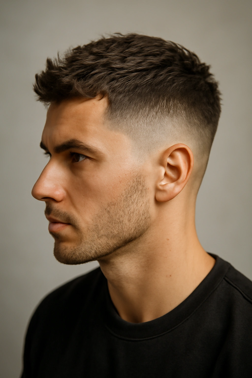 25 Short Hairstyles That Will Instantly Upgrade Your Look 3 Close-up of textured crop with fade showing contrast between top and sides