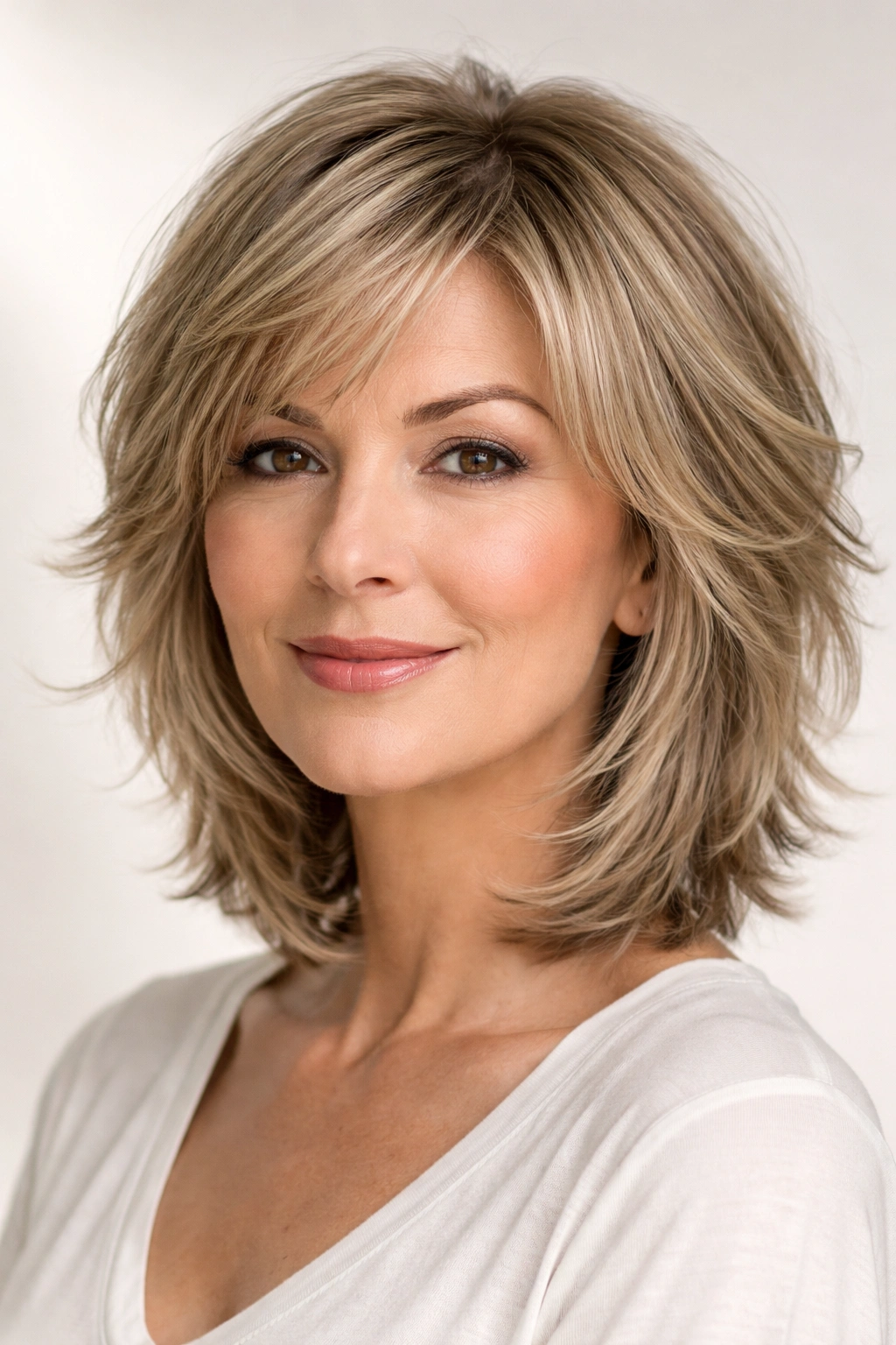 Textured crop with feathered layers creating movement and density at chin length
