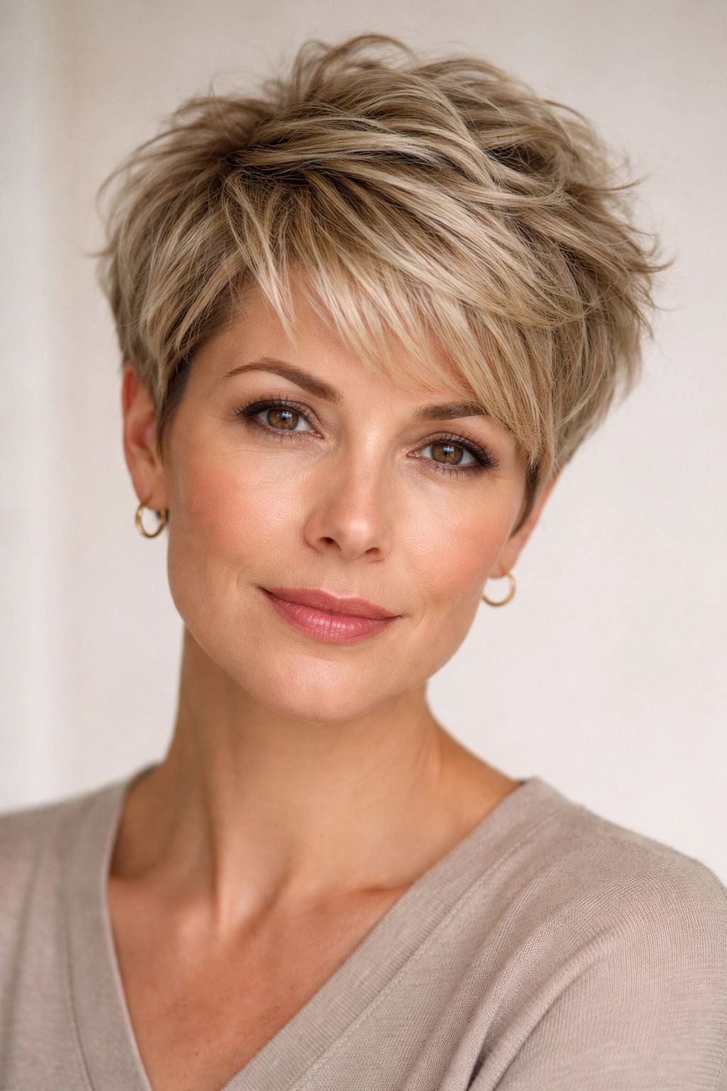 15 Short Haircuts For Women In Their 40s And 50s 12 Close-up of a woman with a textured crop for fine hair with lift at roots.