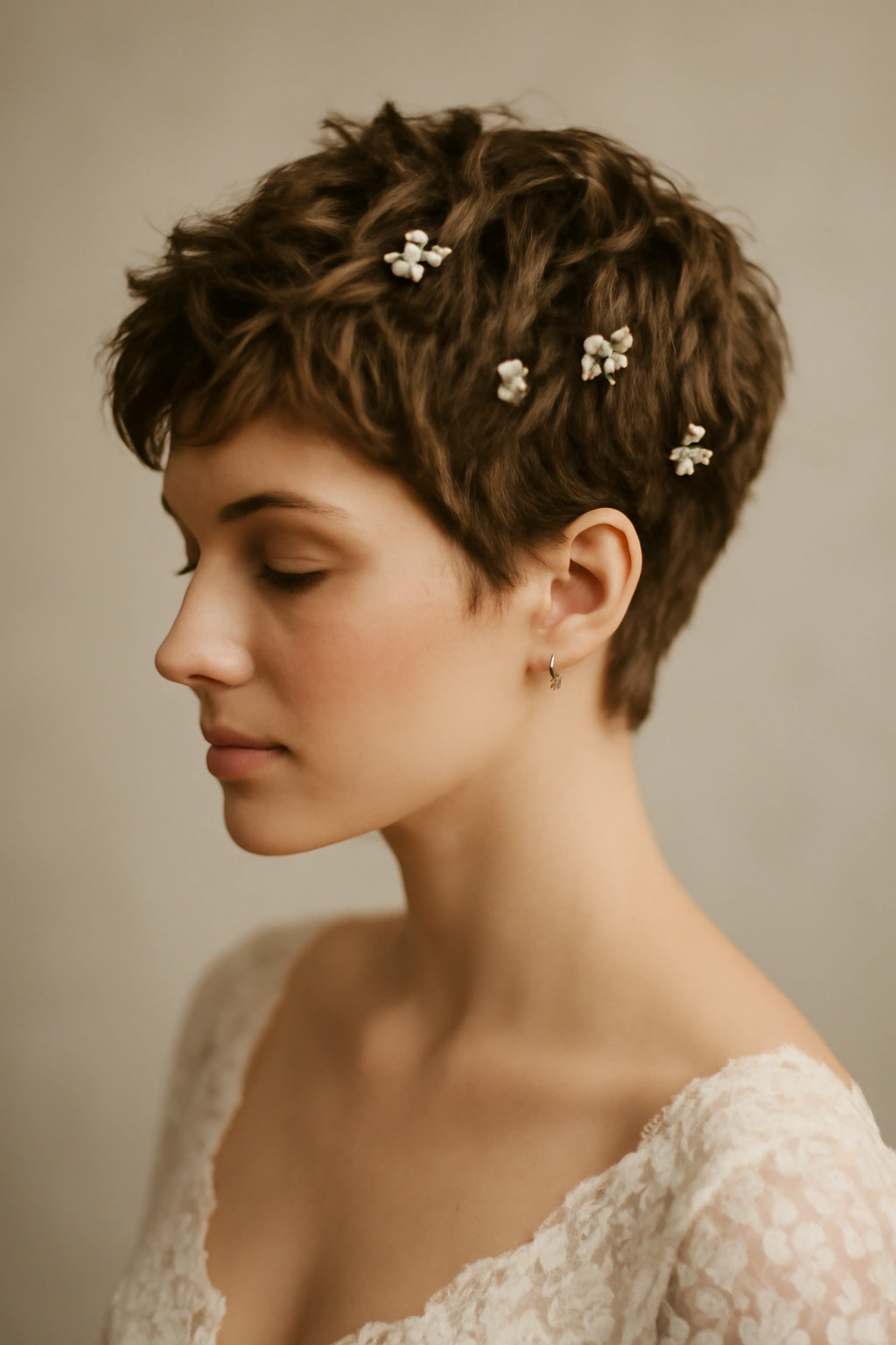 18 Wedding Hairstyles That Look Amazing on Short Hair 14 Short textured crop with delicate flowers tucked into hair.