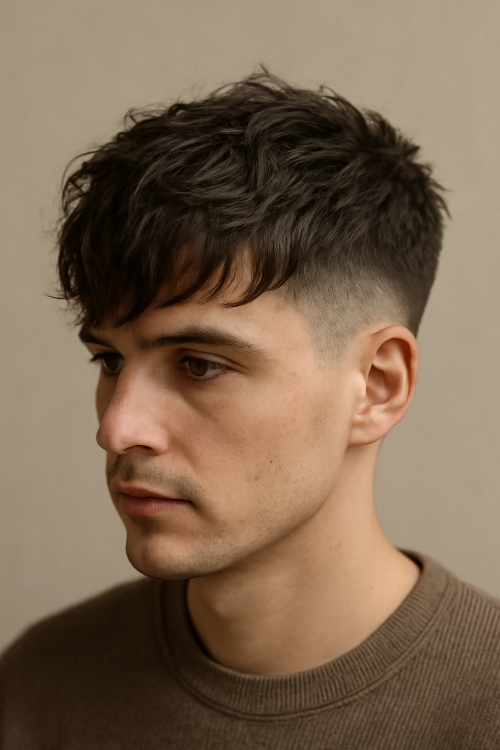 12 Wash and Go Haircuts for Busy Mornings 6 Portrait of textured crop with longer fringe across the forehead