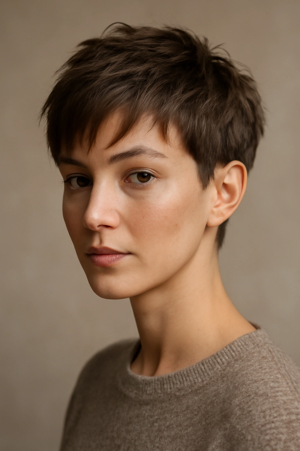 12 Short Haircuts Shaped For A Diamond Face 3 Close view of The Textured Crop with Longer Front Pieces showing forward-framing length.