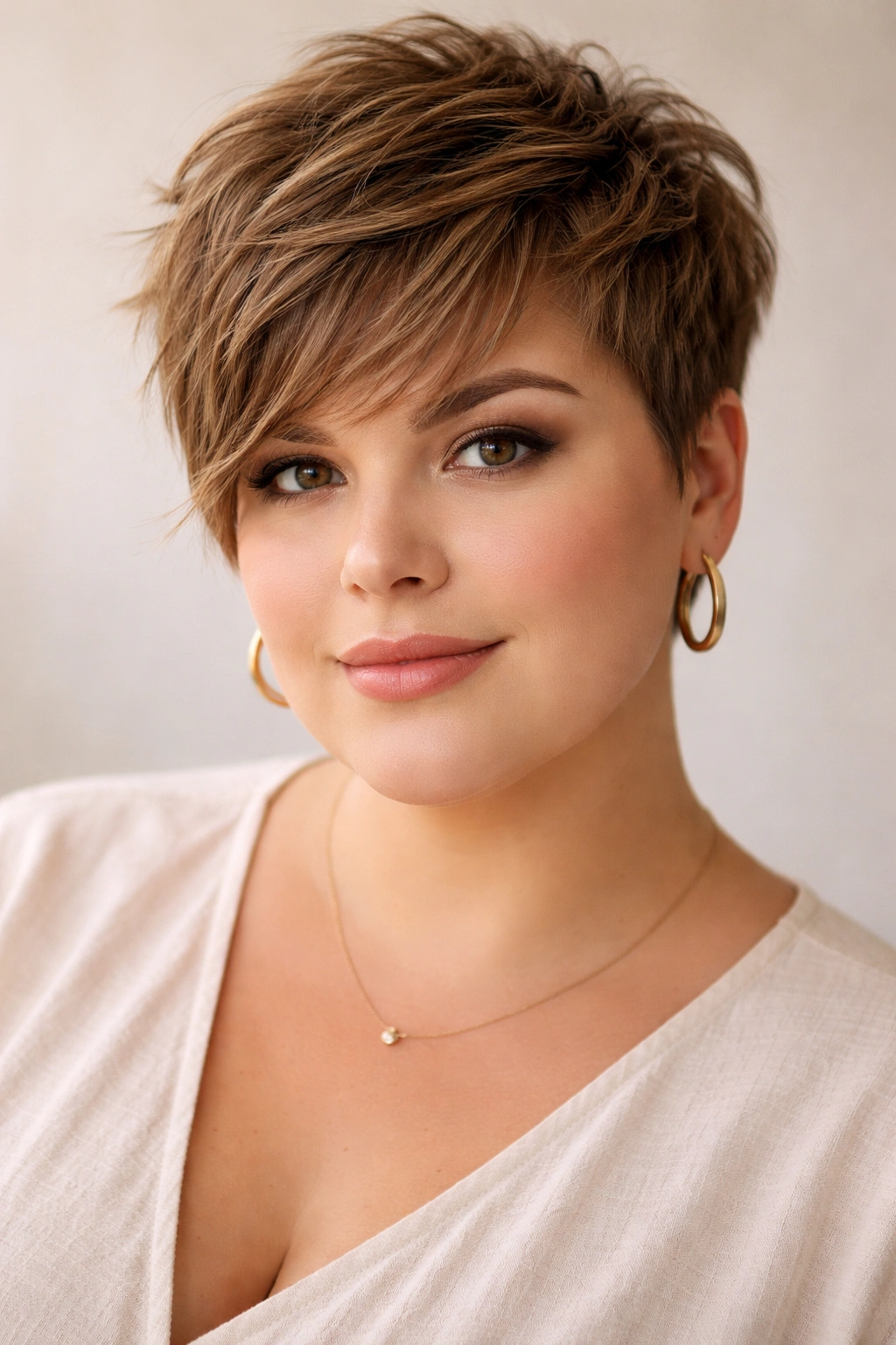 15 Flattering Short Haircuts For Plus Size Women 10 Portrait of a person with a short textured crop and longer front pieces framing the face.