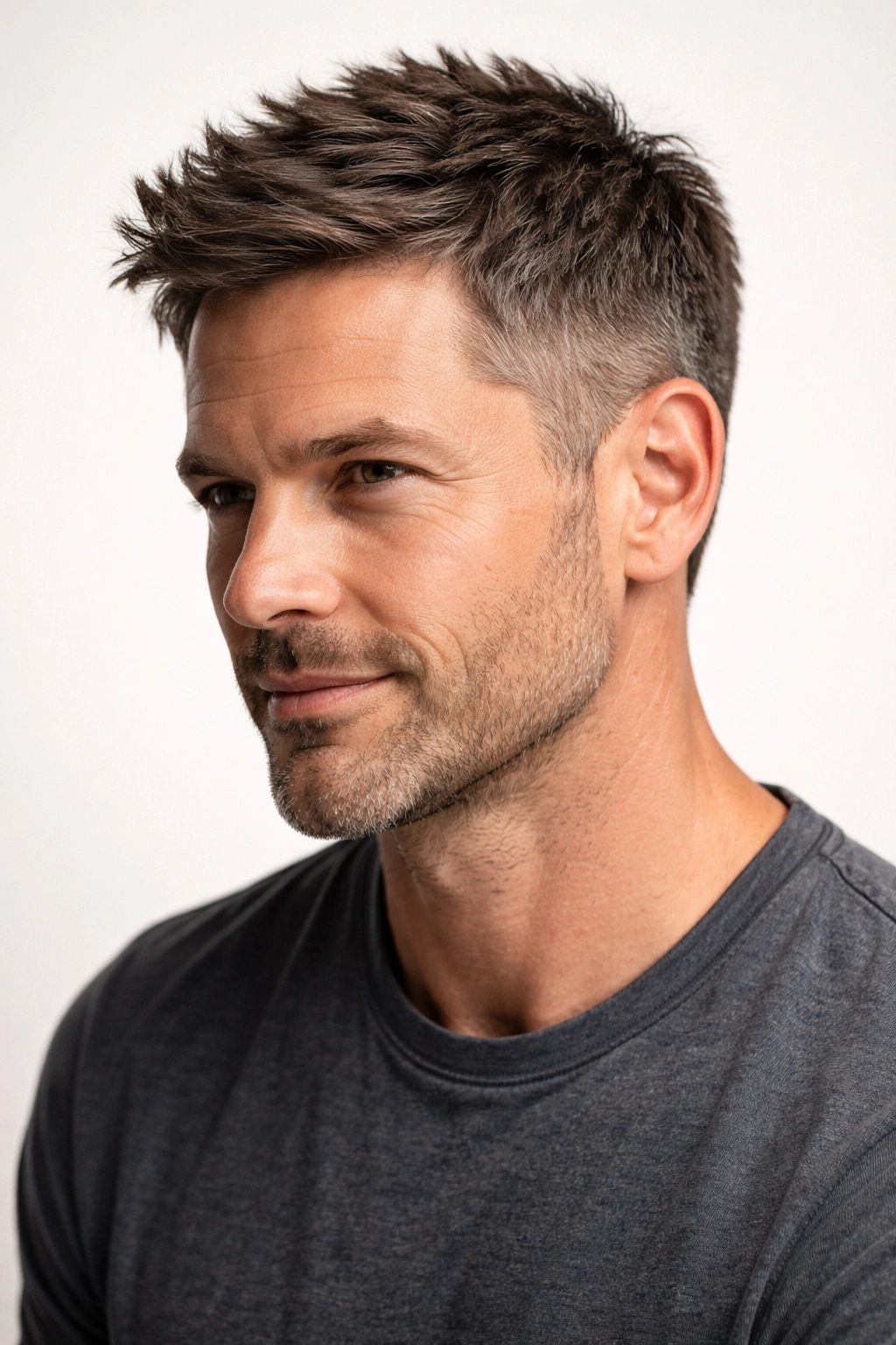 Portrait of a man with Textured Crop, short sides and layered top, studio lighting.