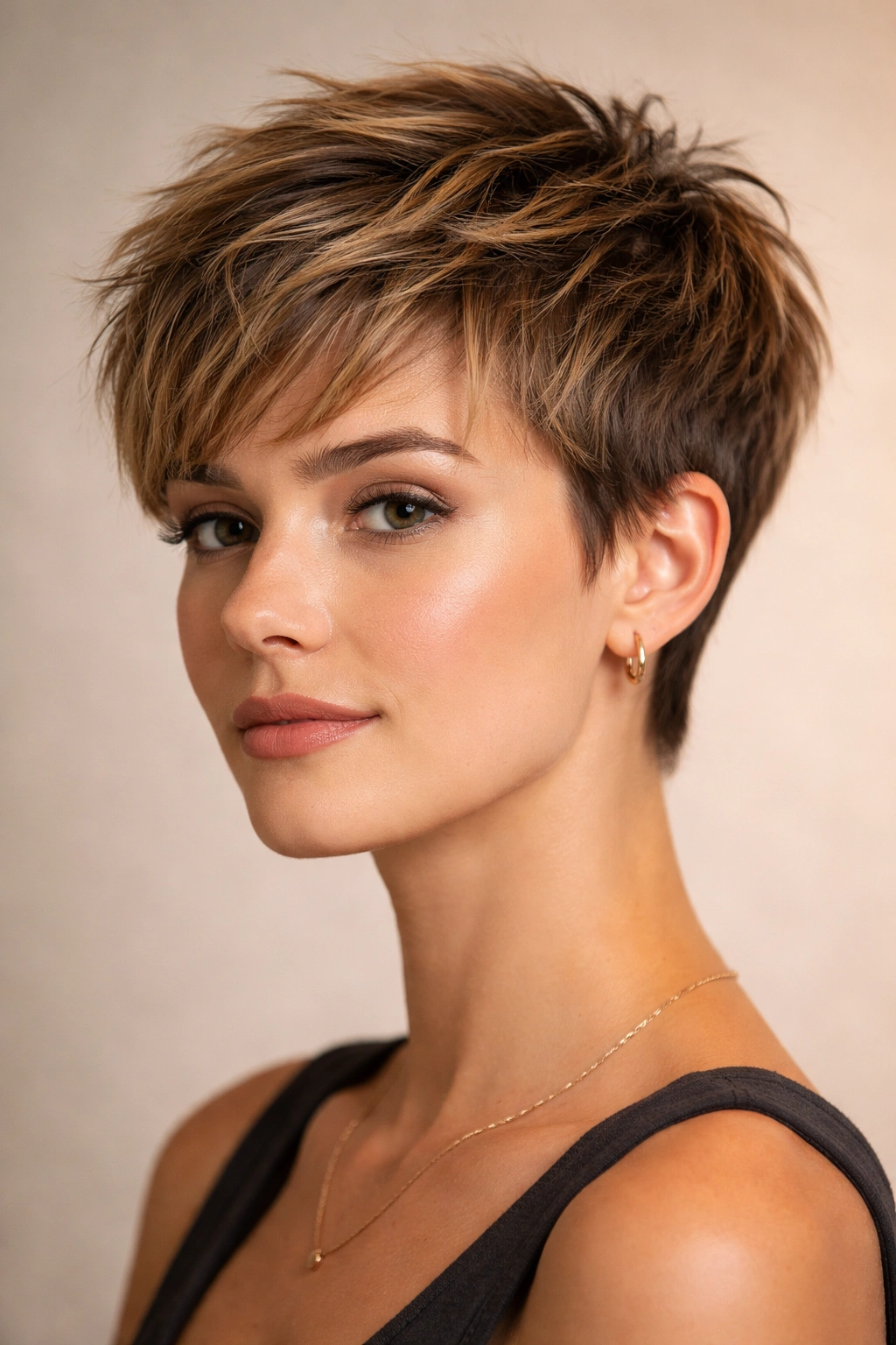 Mid-length textured crop with layered top and tapered sides in studio portrait