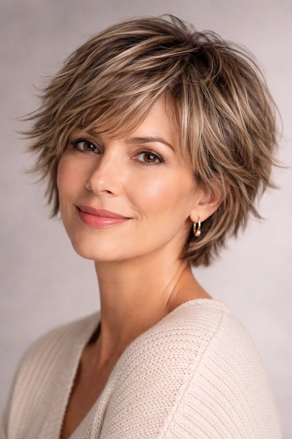 Portrait of a model with a textured crop featuring mid-length, choppy layers.