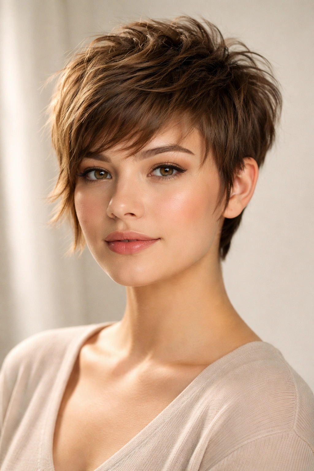 Portrait of a person with a textured crop and longer front pieces framing the face.