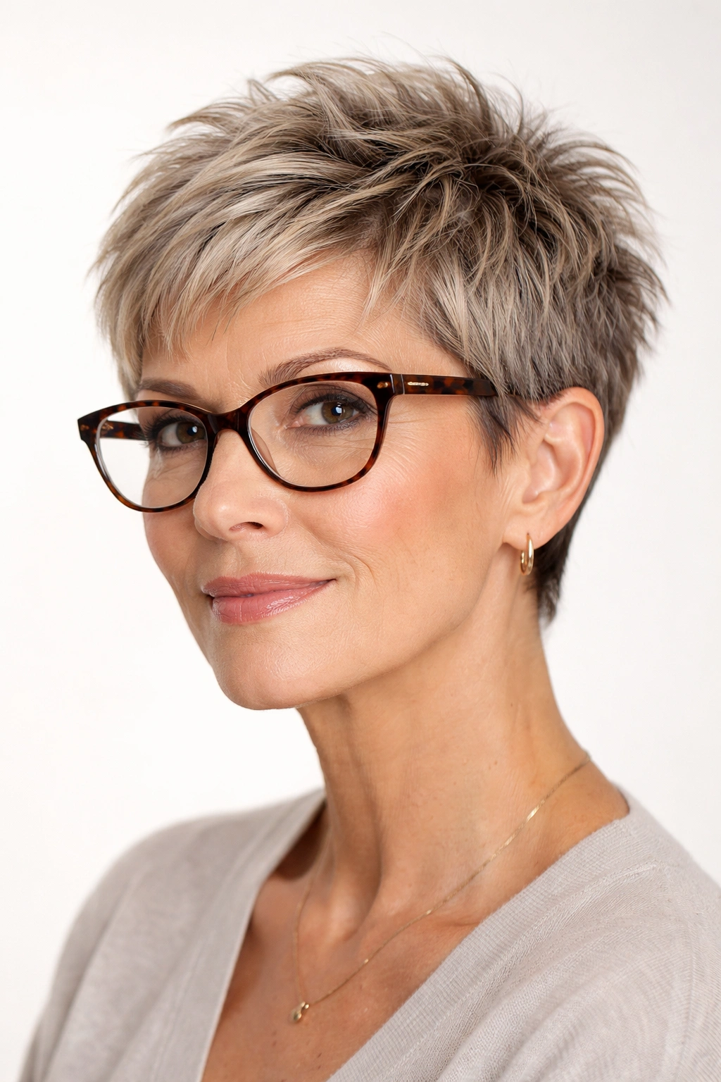 Close-up of a woman with a short textured crop and bold glasses