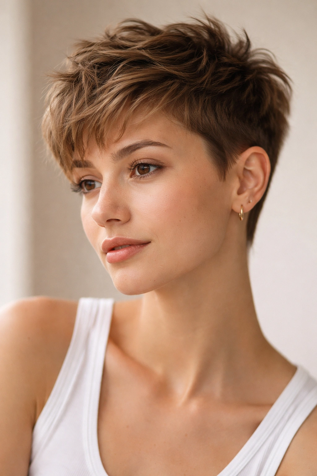 10 Short Haircuts That Look Good Completely Unstyled 2 Portrait of a person with a textured crop and visible layered top in a neutral studio