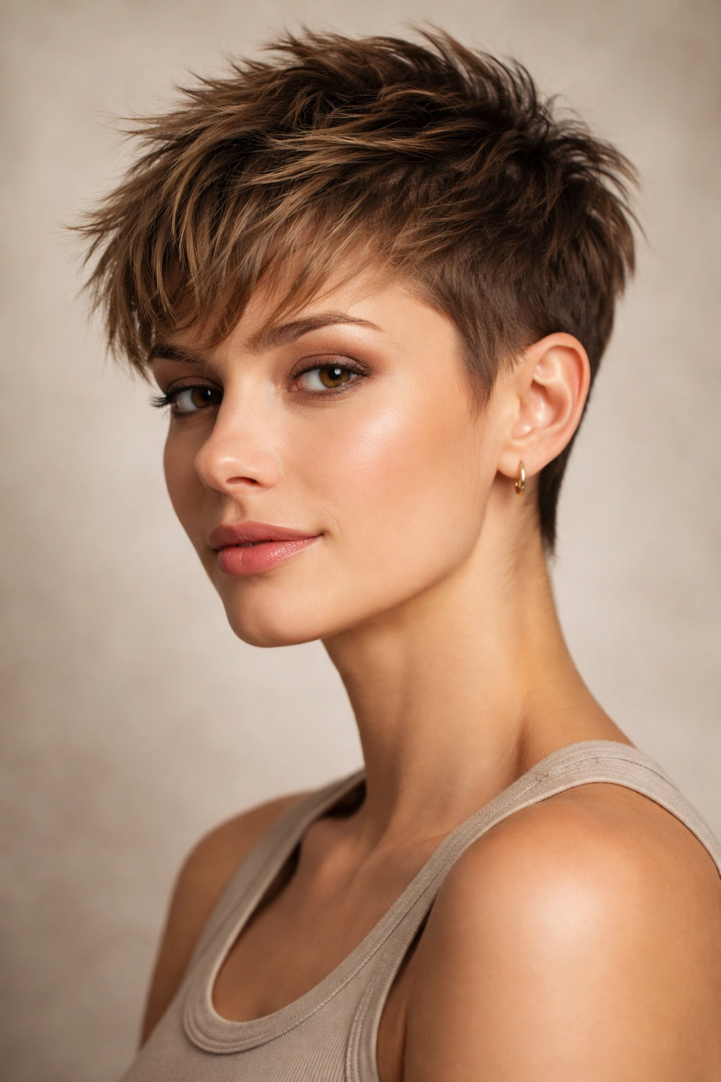 Close-up portrait of a textured crop hairstyle with short sides and a choppy top