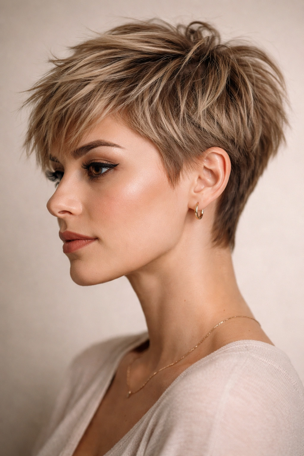 Close-up portrait of a woman with a short textured crop and choppy layers.