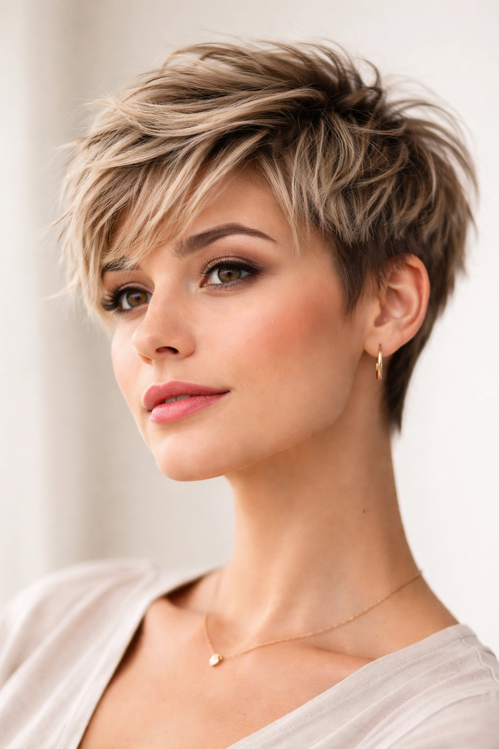 Textured layered crop hairstyle; short with movement.