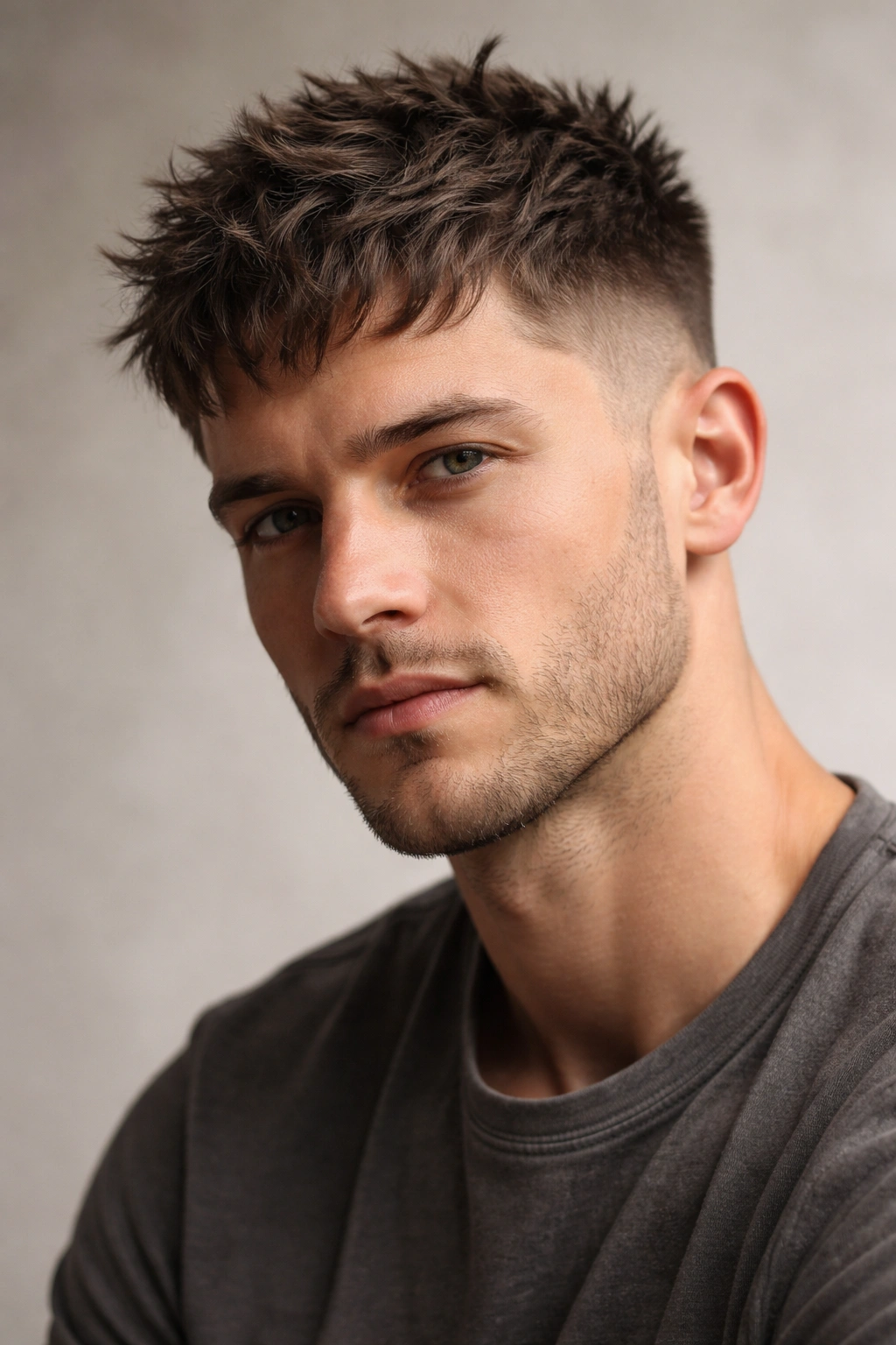 Male head with textured crop showing choppy top and short sides