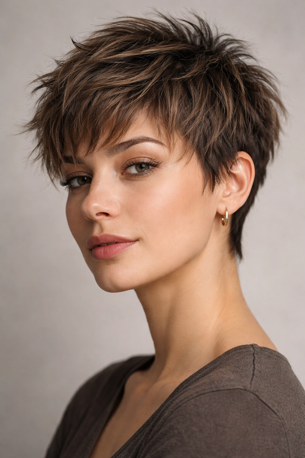 Close-up of a person with a short textured crop showing choppy layers and movement in natural light