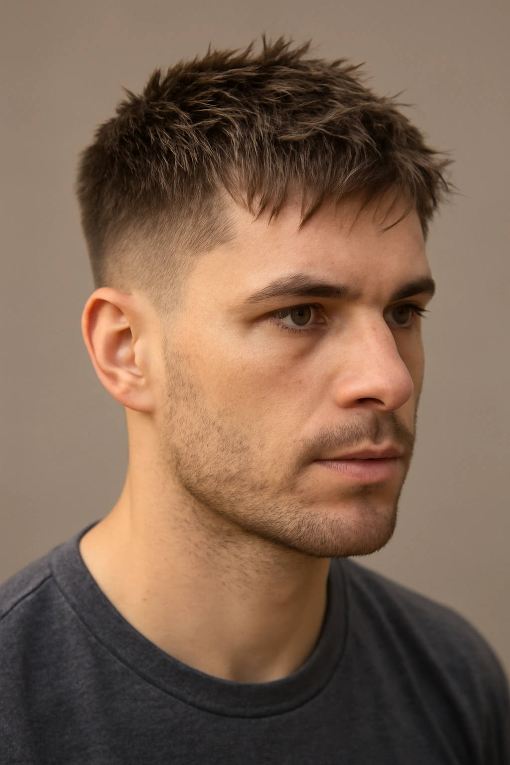 12 Wash and Wear Haircuts for Easy Mornings 1 Close-up of a man with a textured crop showing short sides and a choppy top
