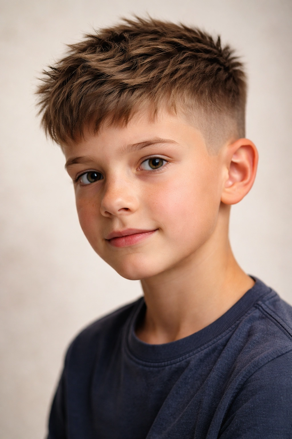 Close-up of a boy with a textured crop featuring choppy layers and short fringe.
