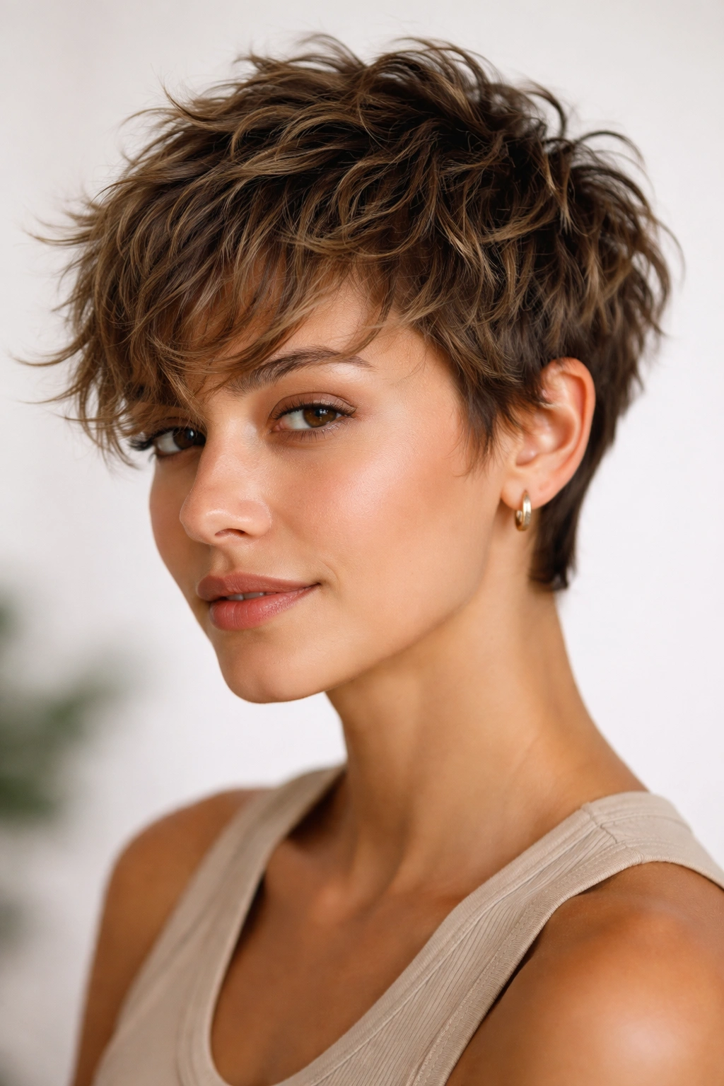 Close-up of textured crop hairstyle with choppy layers