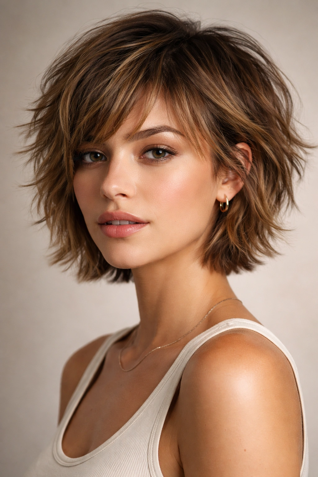 Close-up portrait of a person with a textured crop hairstyle, showing choppy layers and movement