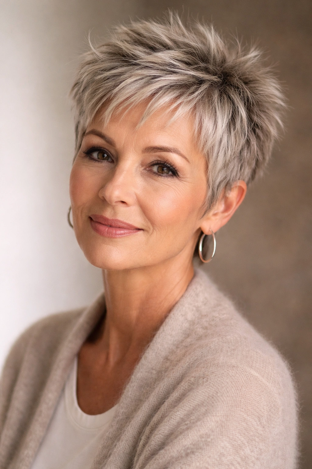 10 Short Spiky Hairstyles For Women Over 50 1 Close-up of a mature woman with a short textured crop showing layered movement.