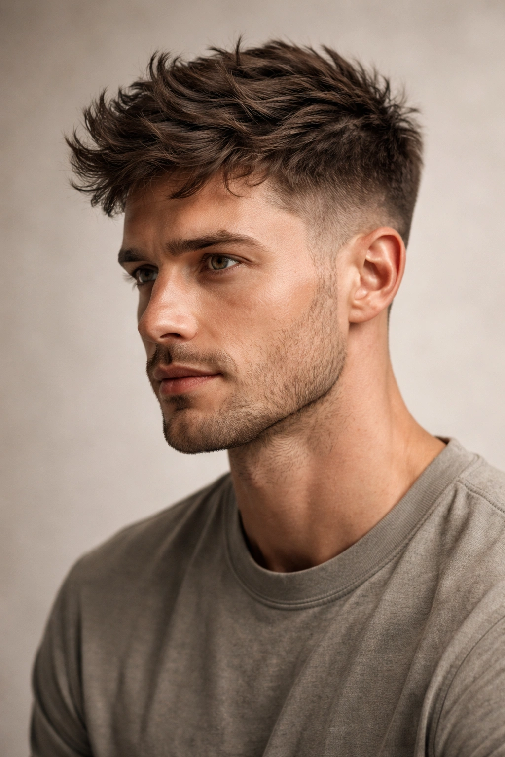 Close-up portrait of a man with a textured crop showing defined texture on top