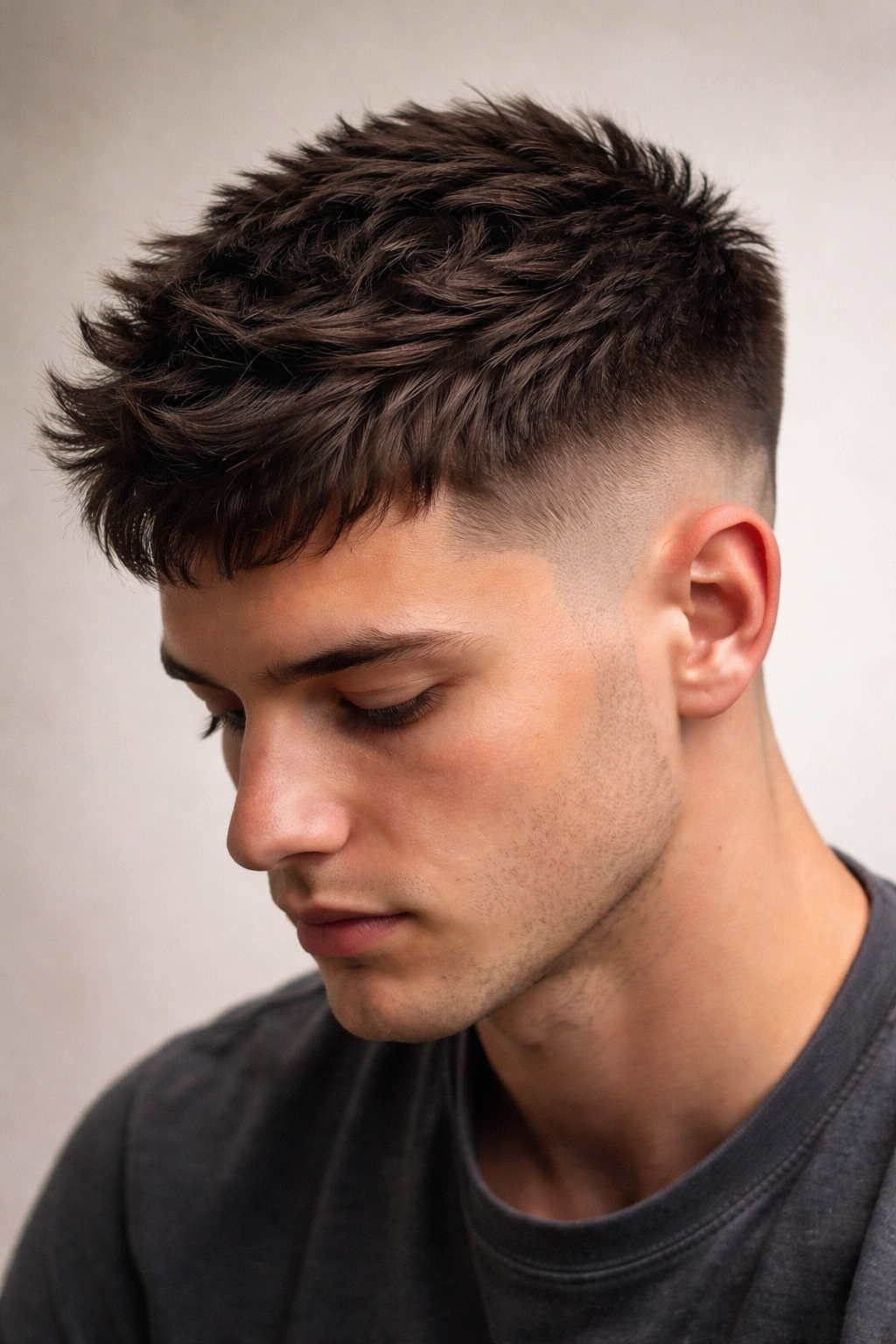 Close-up textured crop hairstyle with short sides and choppy top