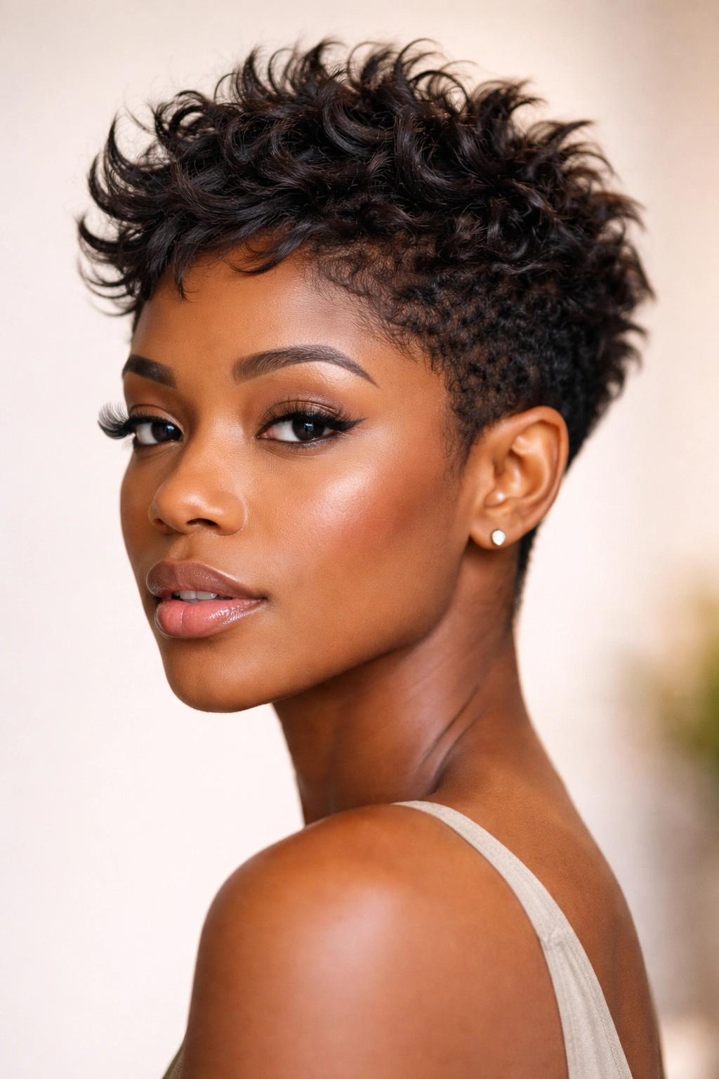 Close-up of a Black woman with a textured crop and lifted ends showing natural texture.